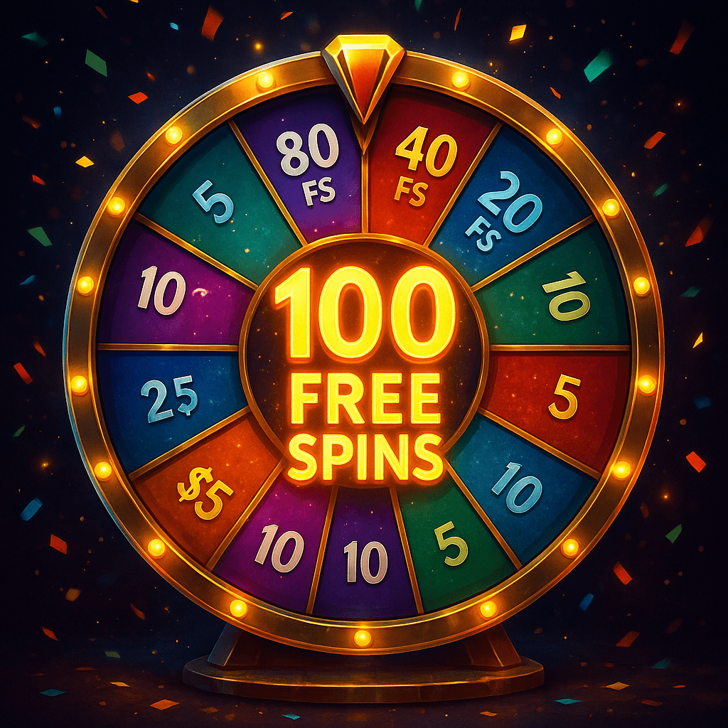 Koleso šťastia s hlavnou výhrou 100 freespinov, farebné online casino promo s bonusmi a cenami