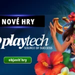 Playtech nové hry v online kasíne – promo banner s exotickou tanečnicou, podkovou pre šťastie a tlačidlom objaviť hry
