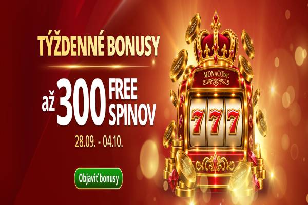 Týždenné bonusy v MONACObet kasíne: Aj tento týždeň v hre 300 free spinov